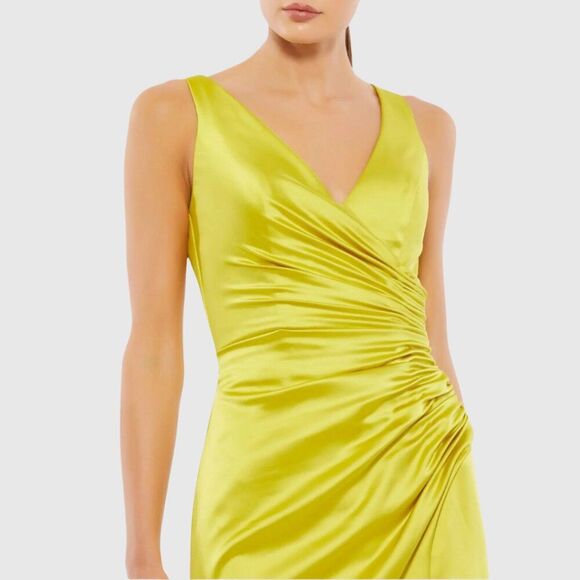 Mac Duggal Size 14 Chartreuse Green Yellow Satin Ruched V-Neck Midi Party Dress - Picture 3 of 4